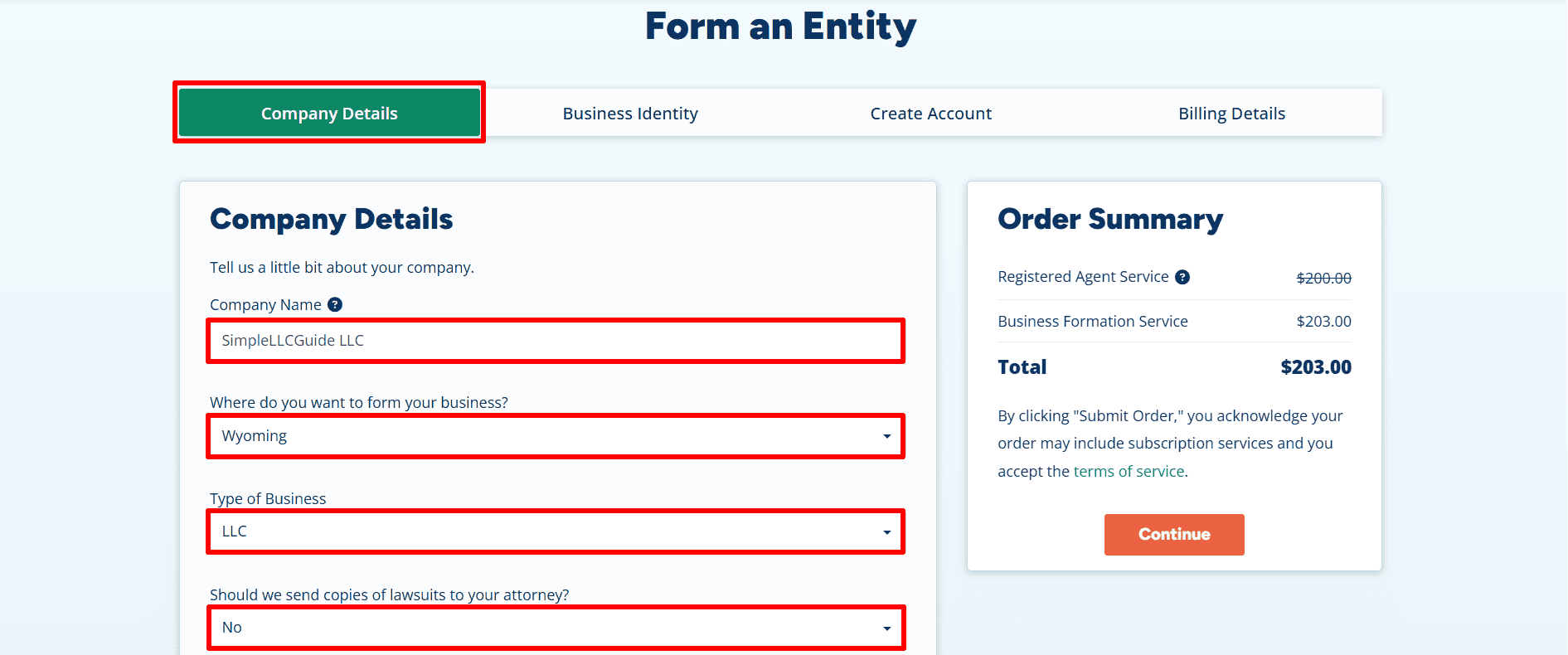 The alt text describes the Company Details screen, illustrating an example LLC named SimpleLLCGuide LLC, located in Wyoming, with an LLC as the business type and a total order amount of $203.