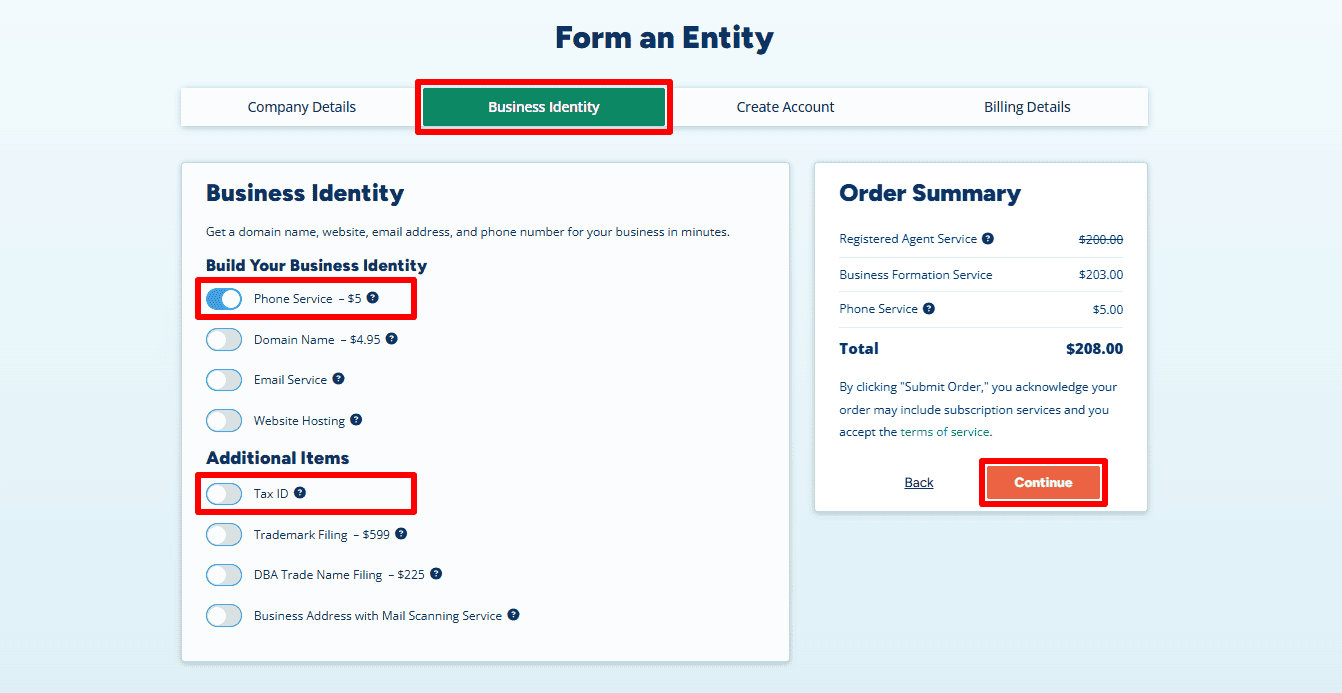 The page showing the Business Identity screen with Phone Service chosen and a number of other optional services listed, the Tax ID omitted, and an updated order summary.