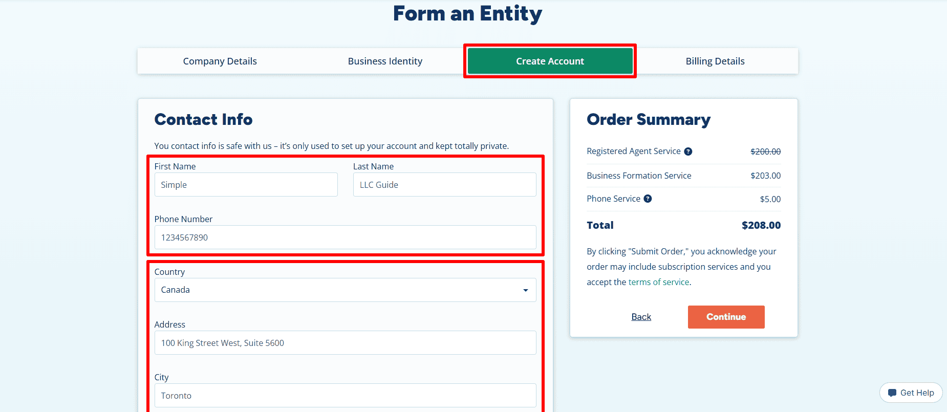 The image shows the 'Create Account' page with fields for the contact name, phone number, Canada, and the address next to the order summary.
