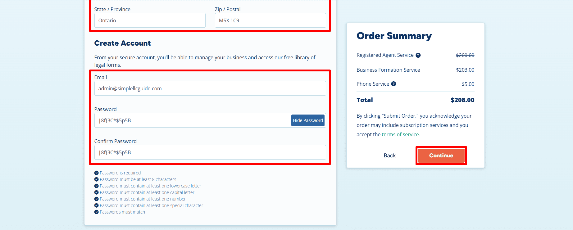 The image shows the page for creating an account with fields for the province and postal code, as well as those for email address, password, password confirmation, the password rules, and the Continue button.