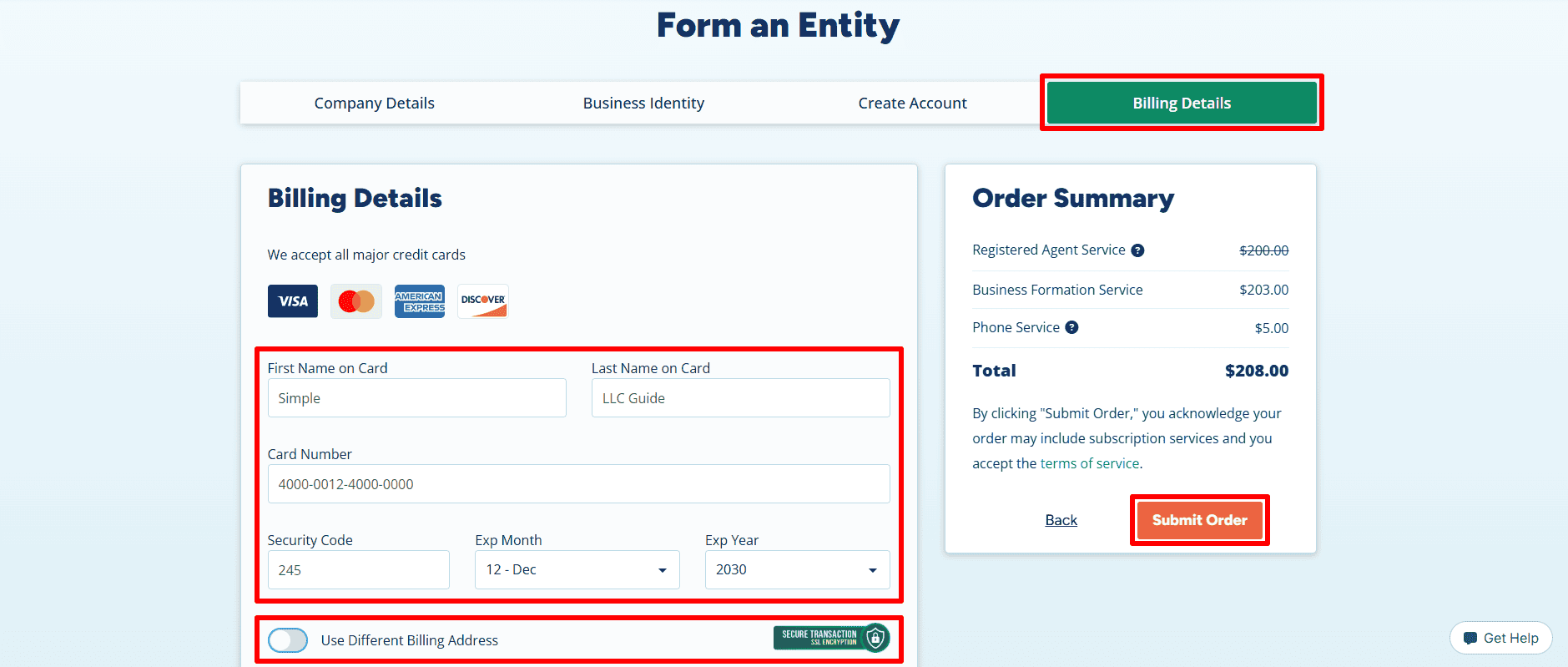 * The alt text describes a Billing Details page which includes fields for the cardholder and payment, an option for a different billing address, an order summary, and a Submit Order button.