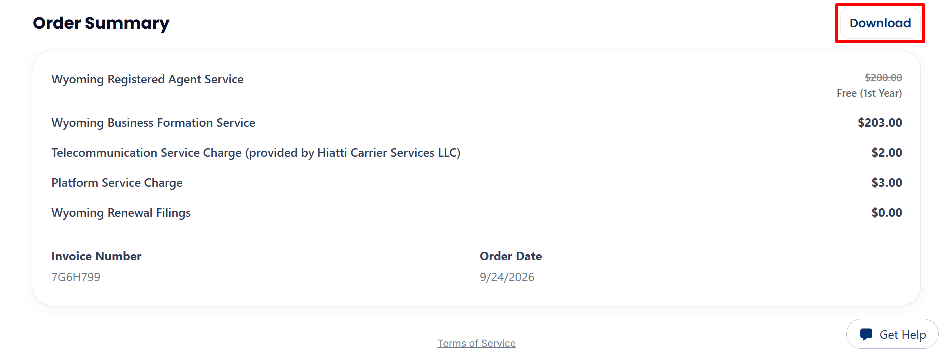 The alt text describes a summary of the Wyoming LLC's order, including the details of its formation and the charges for phone service, the invoice information, and the presence of a Download button.
