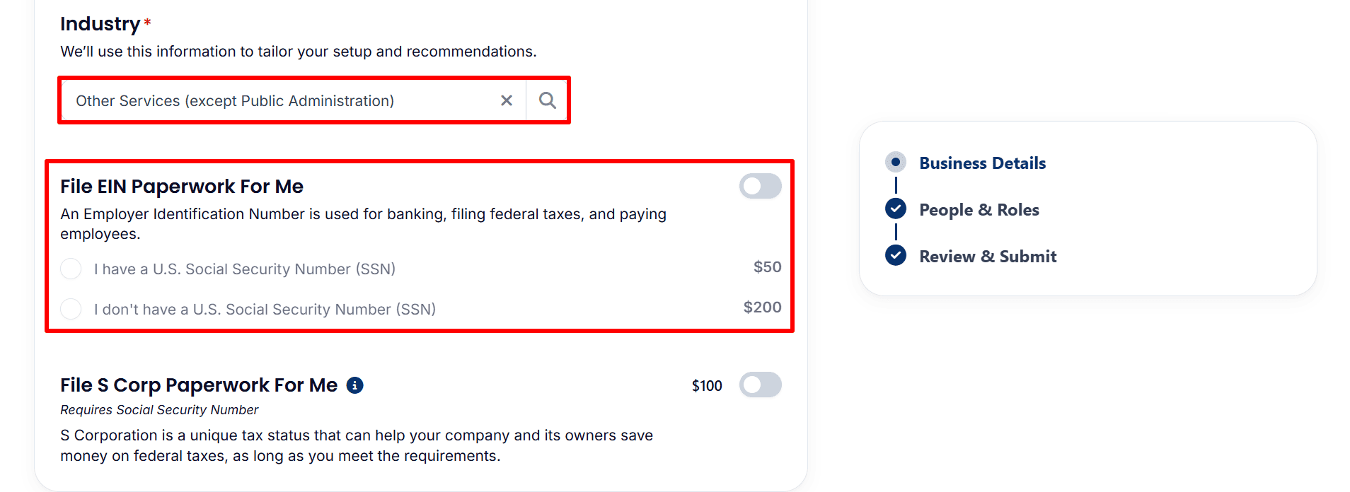 * The alt text describes the Business Details page with the chosen industry and the optional EIN and S Corp paperwork services disabled.