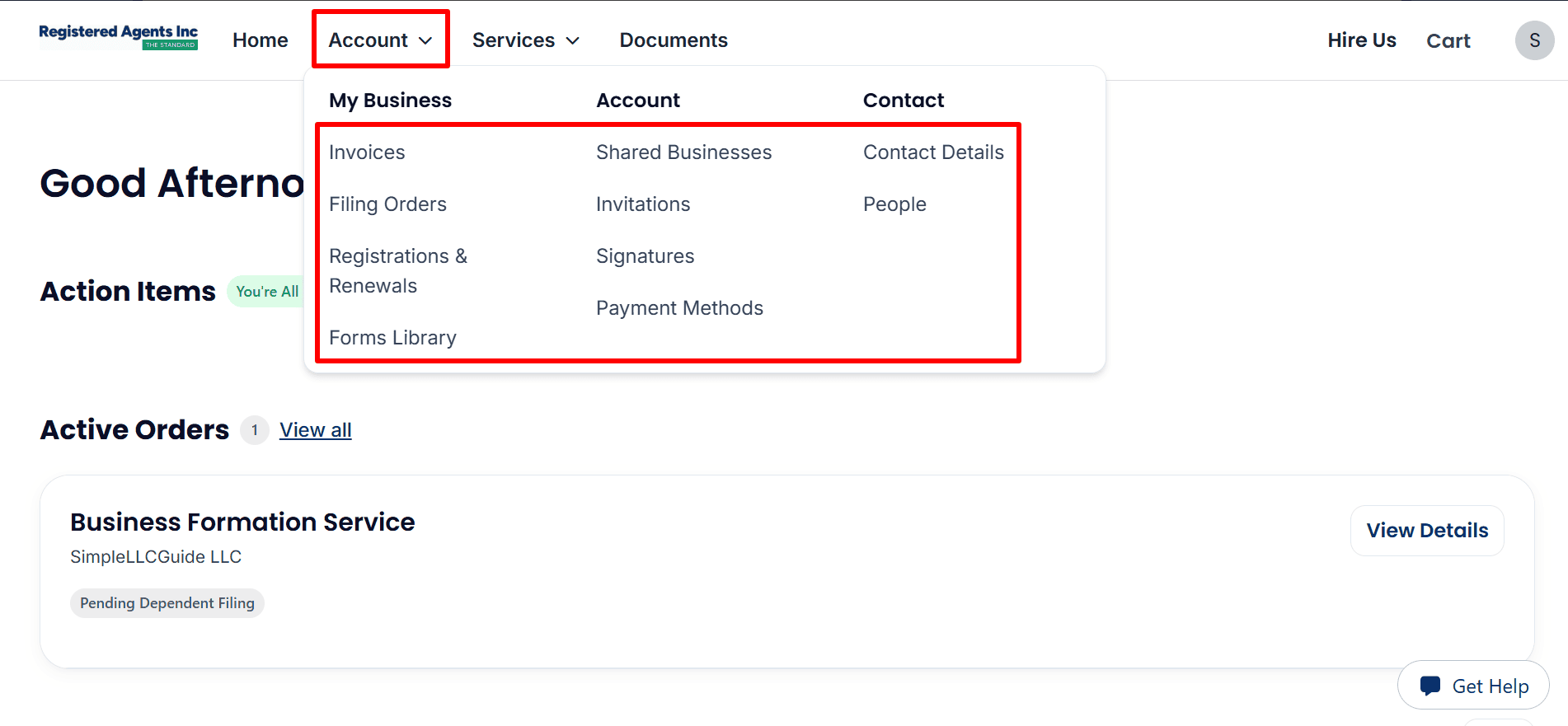 * The alt text reads: A menu for opening an account displays options such as Filing Orders, Invoices, and other account options above the currently active LLC order.