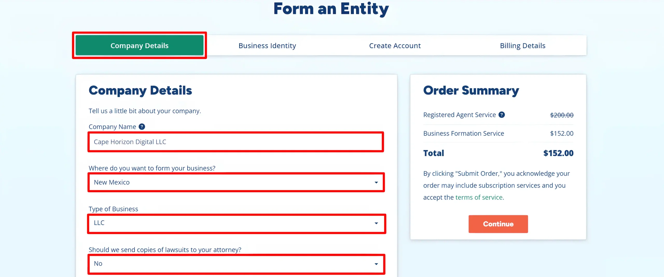  Registered Agents Inc company details form showing Cape Horizon Digital LLC, New Mexico, LLC business type, and a $152 example order total.