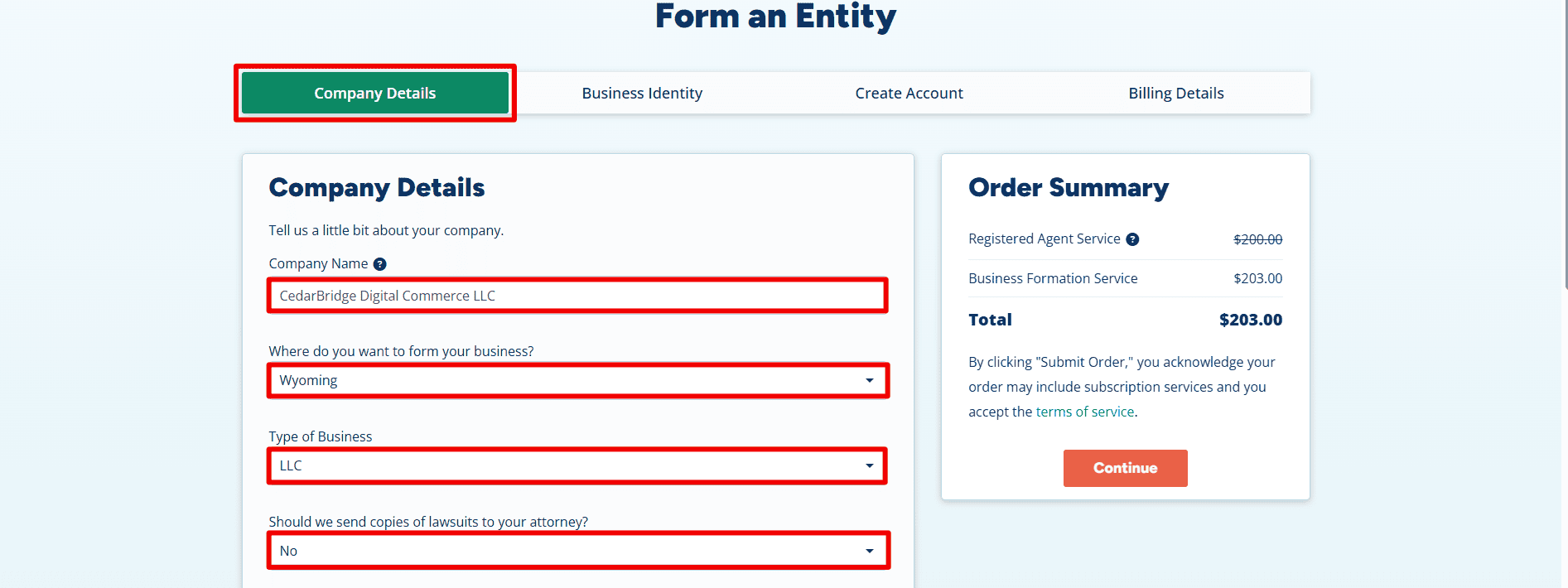  LLC formation company details showing CedarBridge Digital Commerce LLC, Wyoming, LLC business type and a $203 example order.