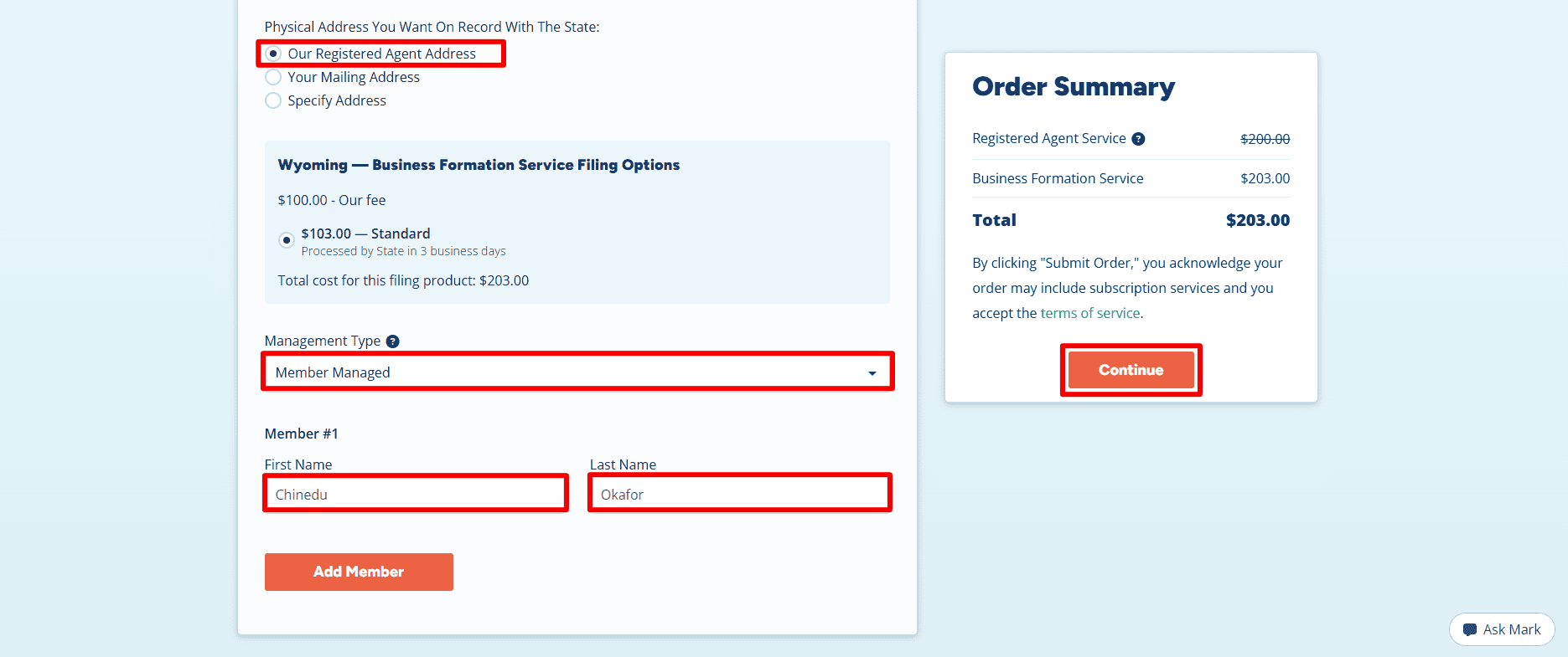  Wyoming LLC application showing registered agent address selection, standard filing, member managed, member name fields.