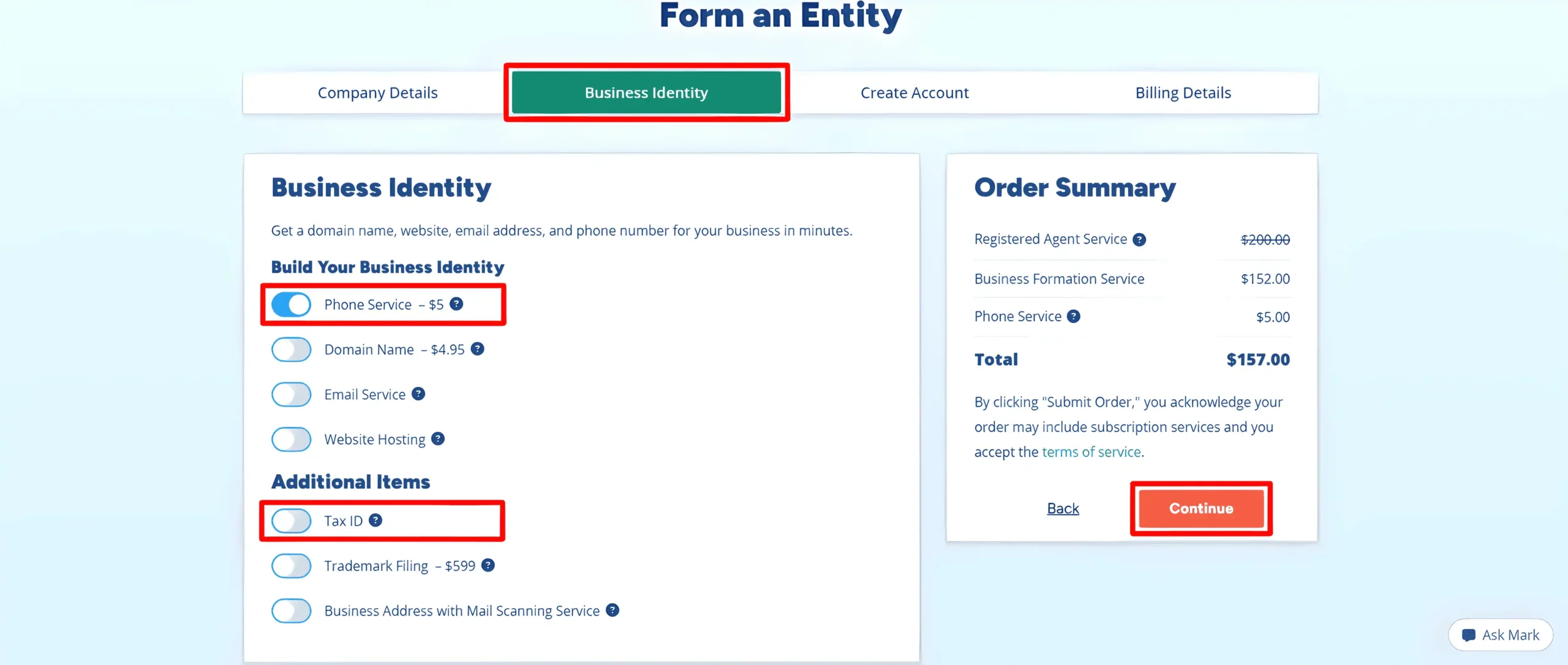 Business Identity page showing Optional Phone Service ticked, Tax ID off and an example order total of $157. 