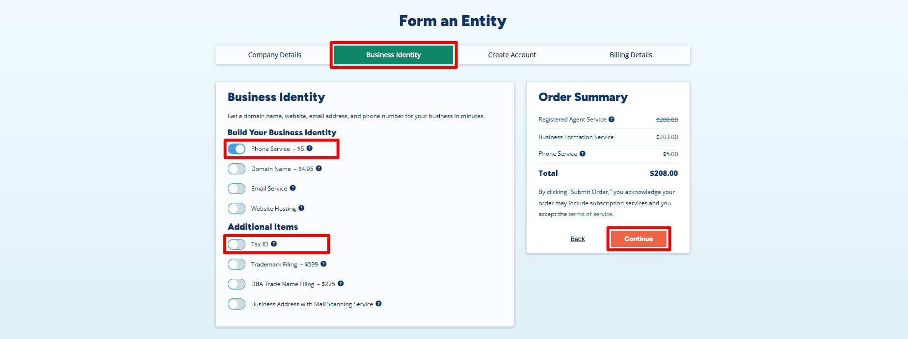  Business Identity page with Optional Phone Service enabled and Tax ID assistance switched off.
