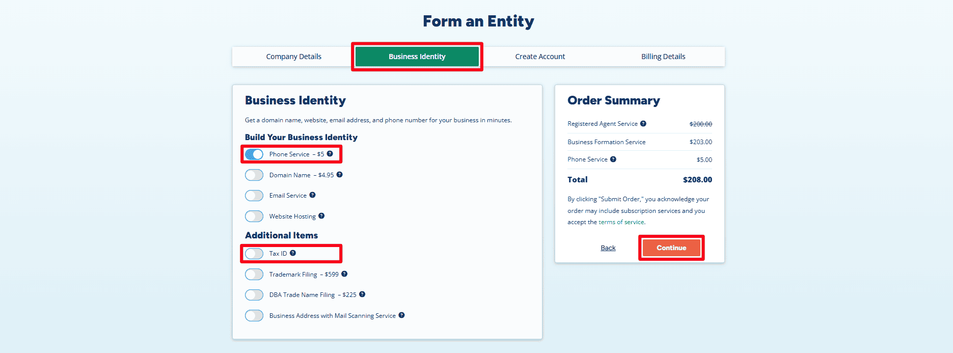  The Business Identity page has the optional Phone Service turned on and the Tax ID turned off.