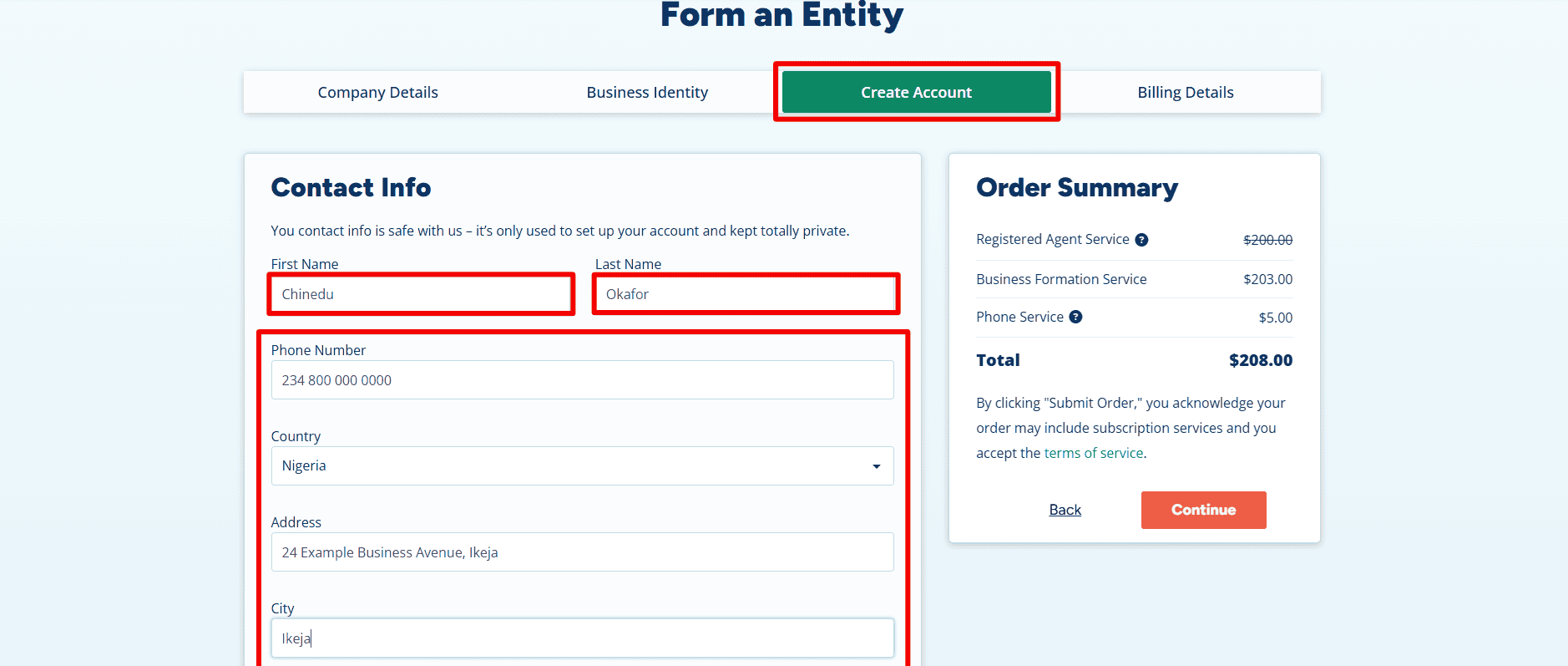  LLC application contact form with Nigeria selected and fields for name, phone number, address and city.