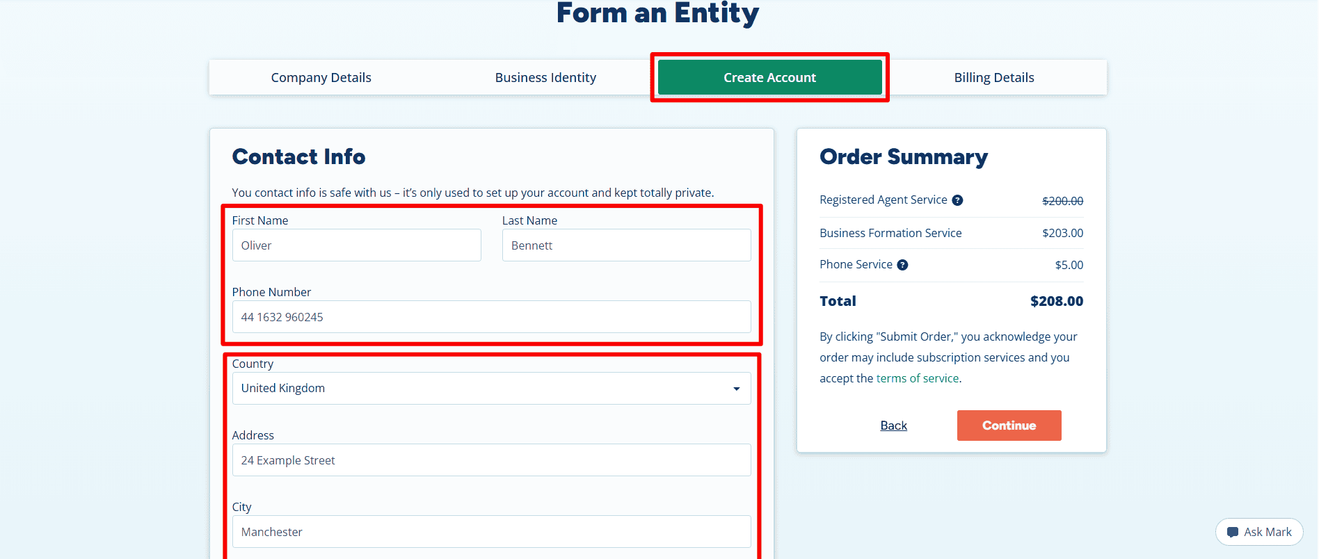 Account setup section showing province, postal code, email and password fields with a Continue button.