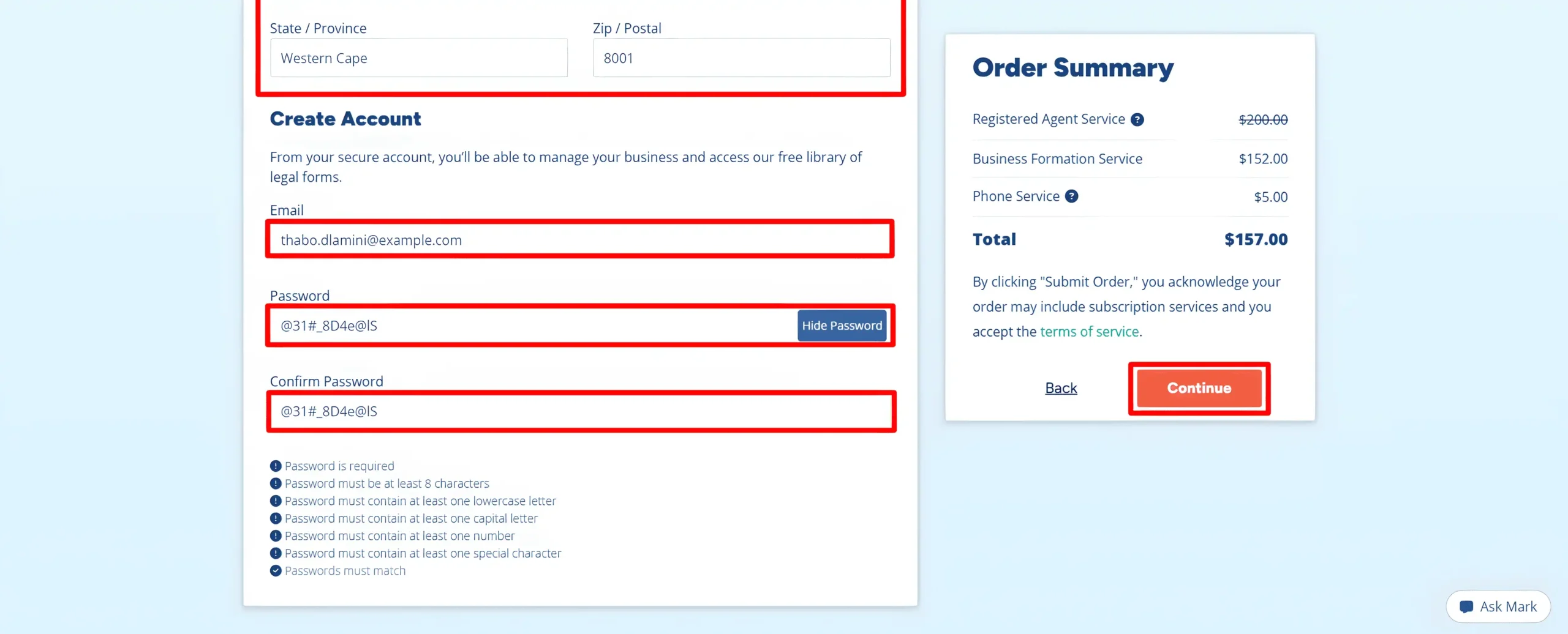 Create Account section with fields for province, postal code, email, password and confirmation and a Continue button.