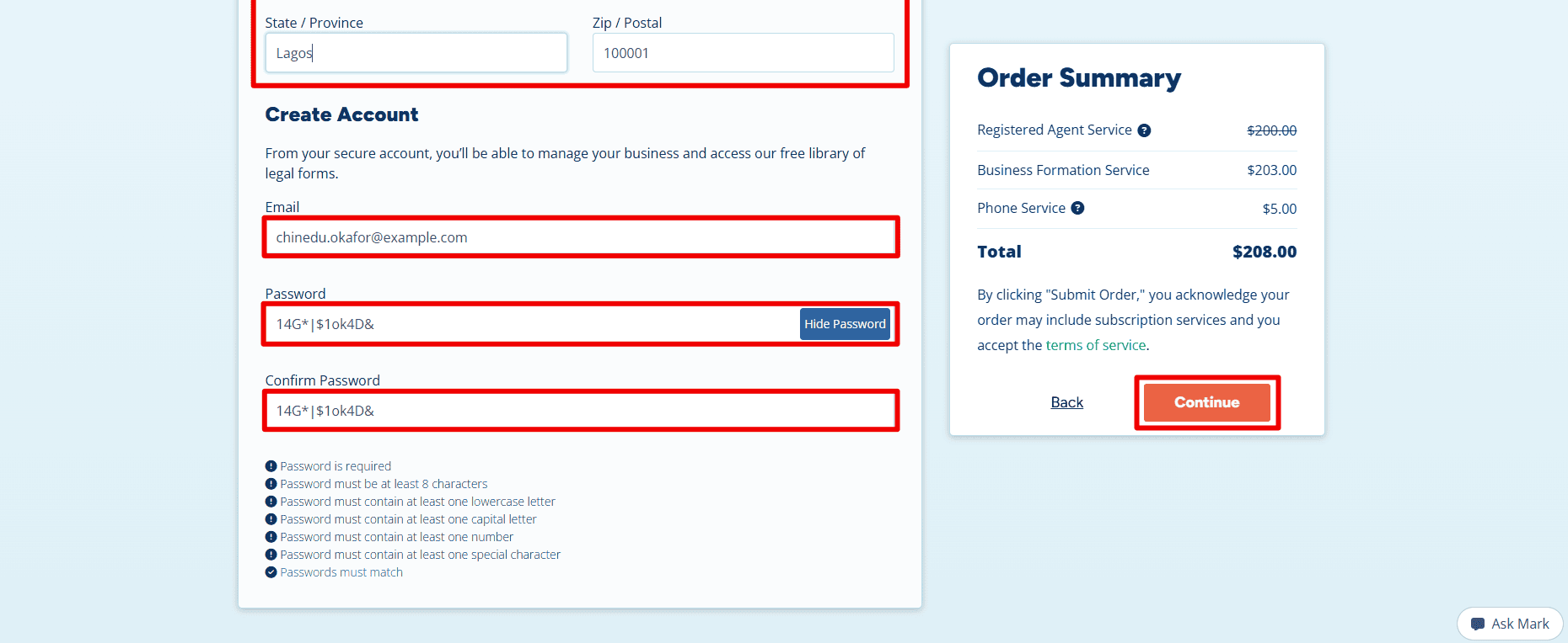  Account creation form with Lagos selected as the state and fields for postal code, email and password.