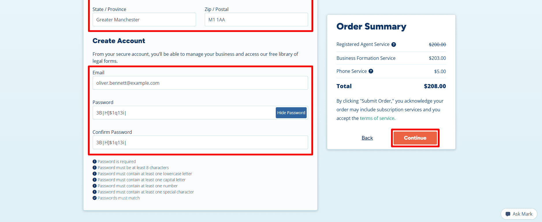 The screen has a section for account setup which includes fields for the province, postal code, email address, and password, together with a Continue button.