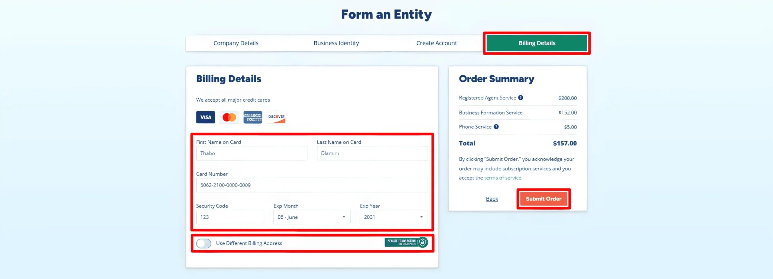  Billing details page with card payment fields, a different billing address option and a Submit Order button.