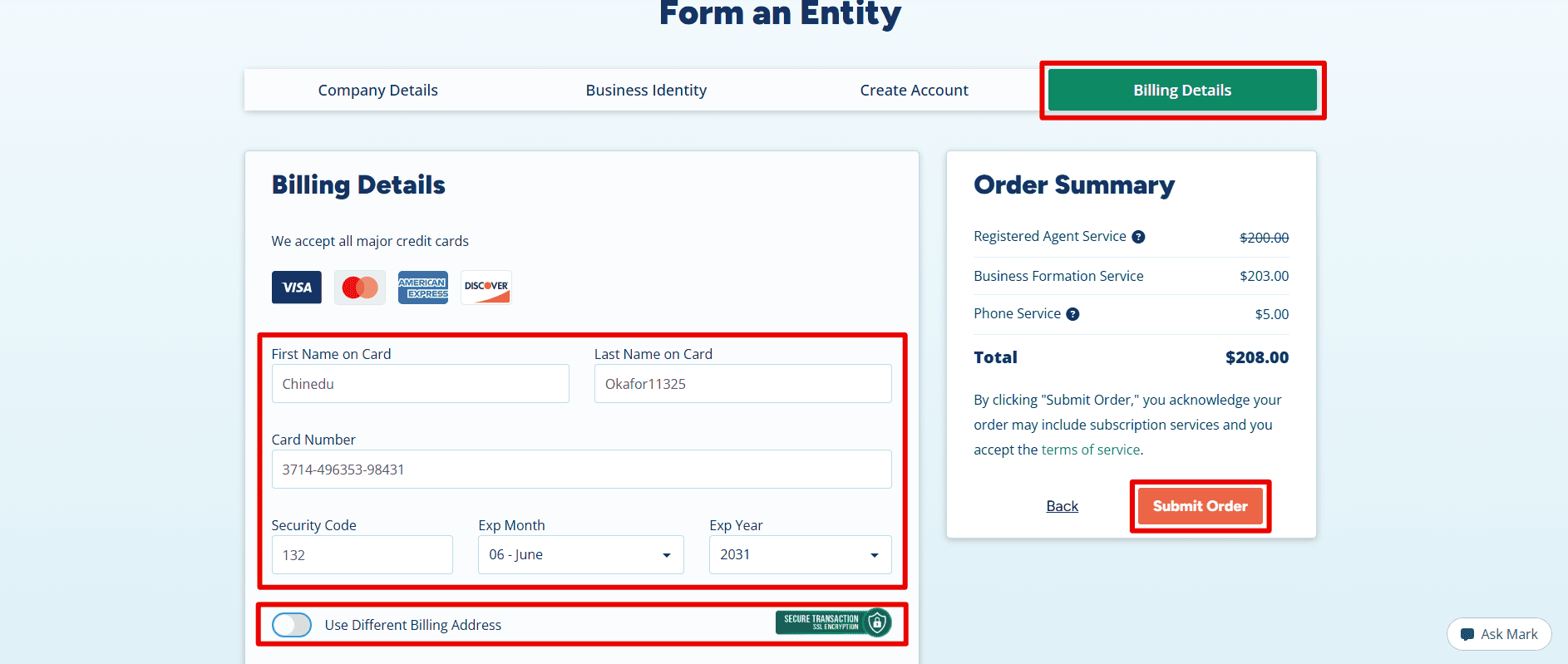  LLC billing page with card payment fields, an alternative billing address option and a 'Submit Order' button.