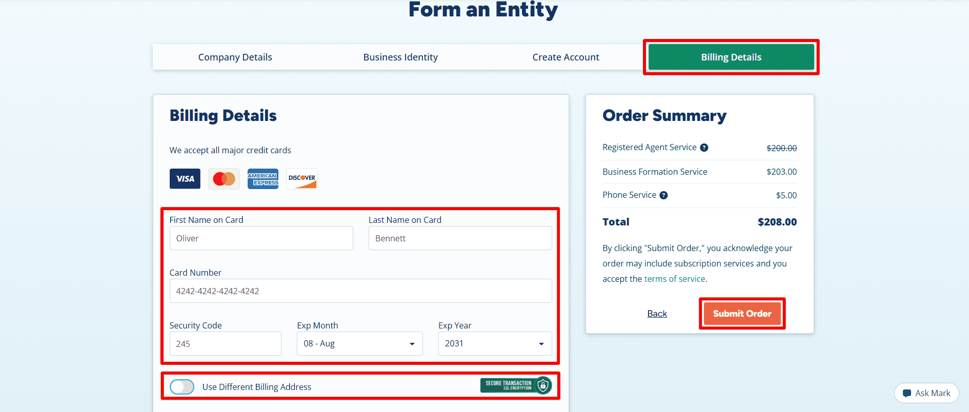 The alt text describes the Billing Details page, highlighting the card payment fields, the option for a billing address, and the Submit Order button.