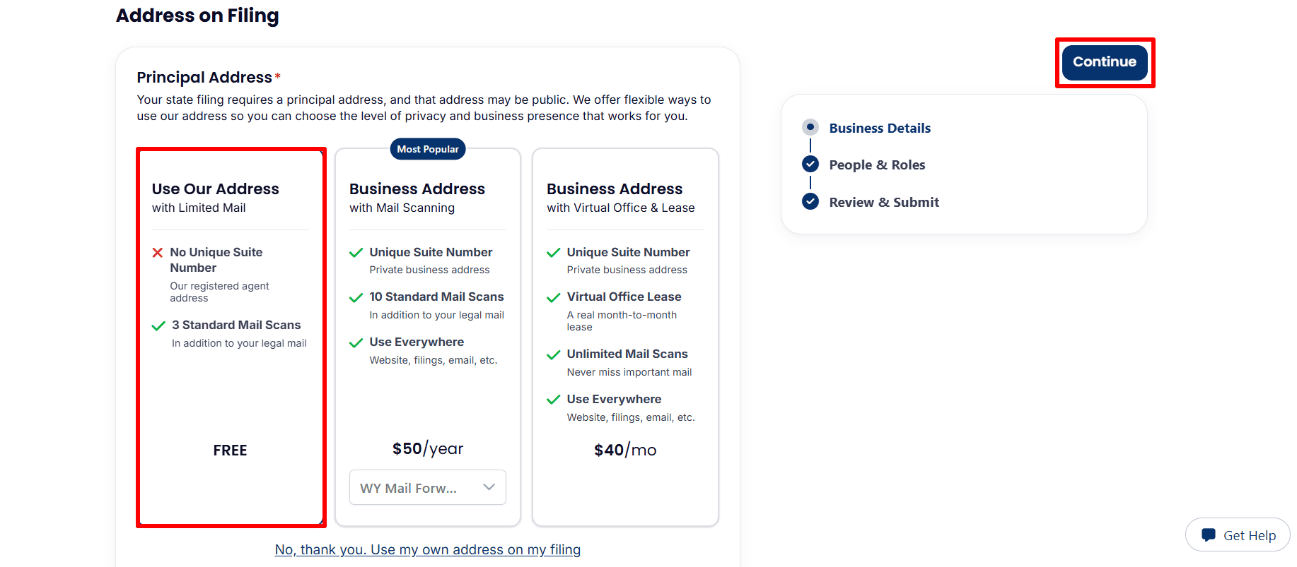  Principal address options (free limited mail service, various paid address plans) and a Continue button.