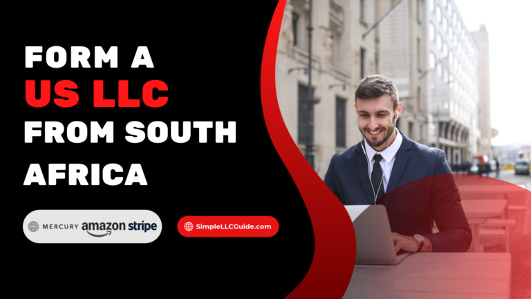 Black and red banner reading “Form a US LLC from South Africa,” with a businessman using a laptop and SimpleLLCGuide.com branding.