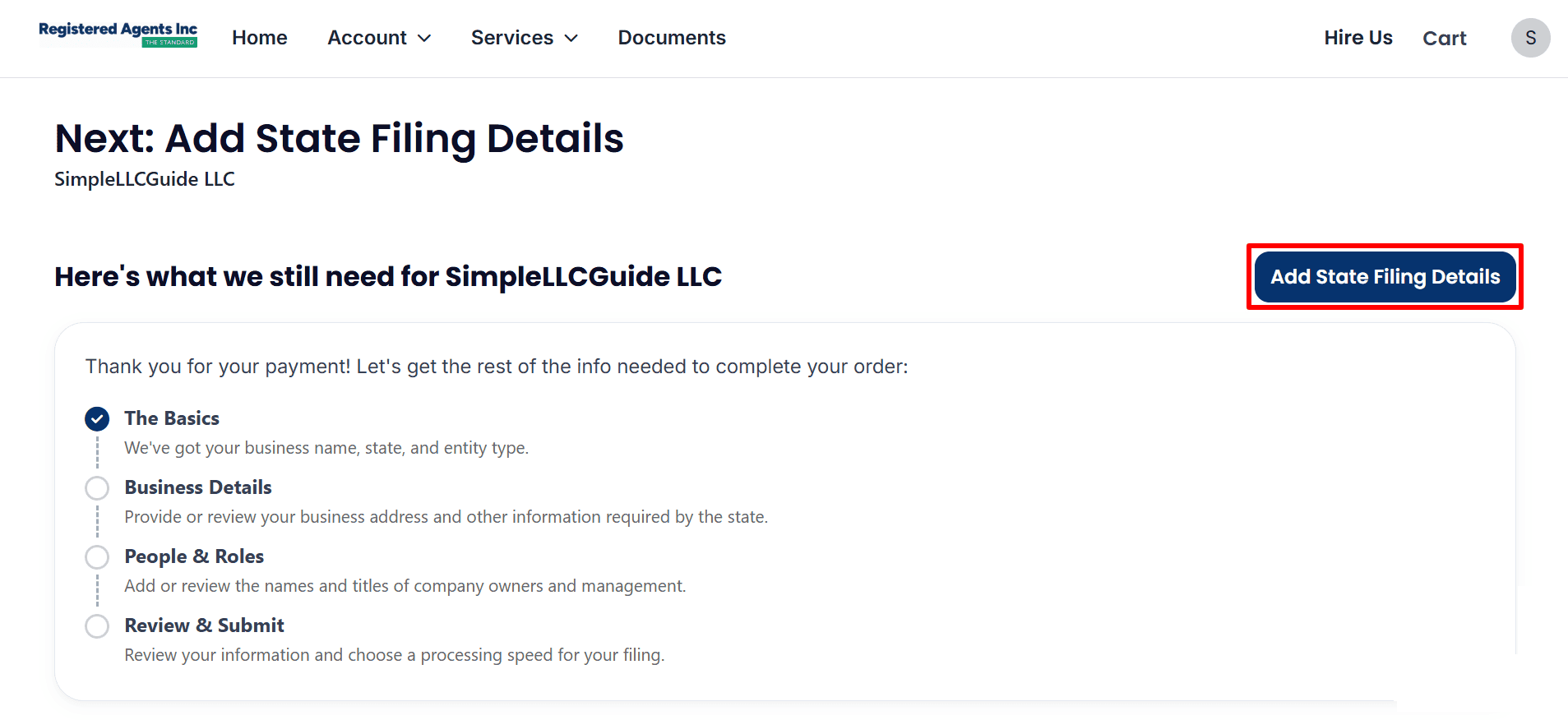 The post-payment page of Registered Agents Inc for SimpleLLCGuide LLC displays the 'Add State Filing Details' button and shows the other filing tasks still remaining.