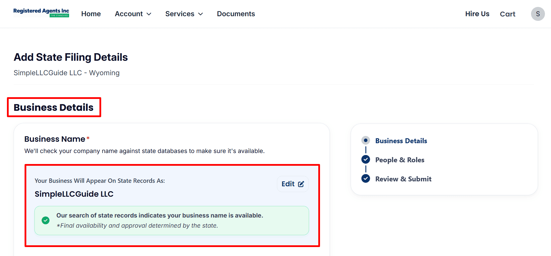 The alt text describes a page with information about a business in Wyoming, indicating that the company is SimpleLLCGuide LLC and that there is a preliminary message regarding the availability of the name.