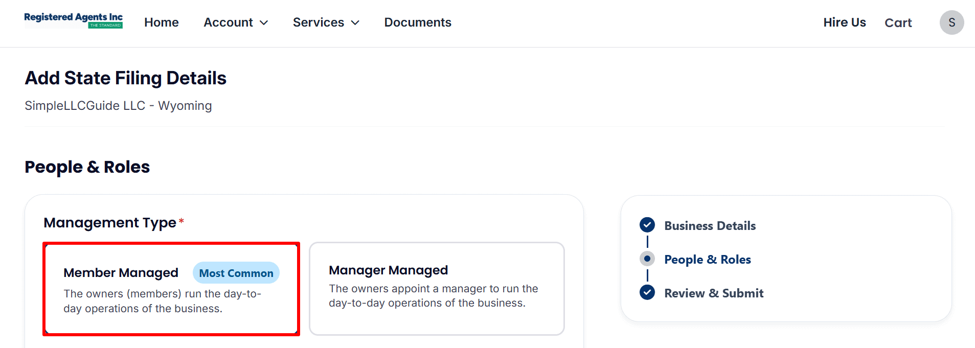 The page relating to people and roles for a Wyoming LLC includes the options of member managed and manager managed.
