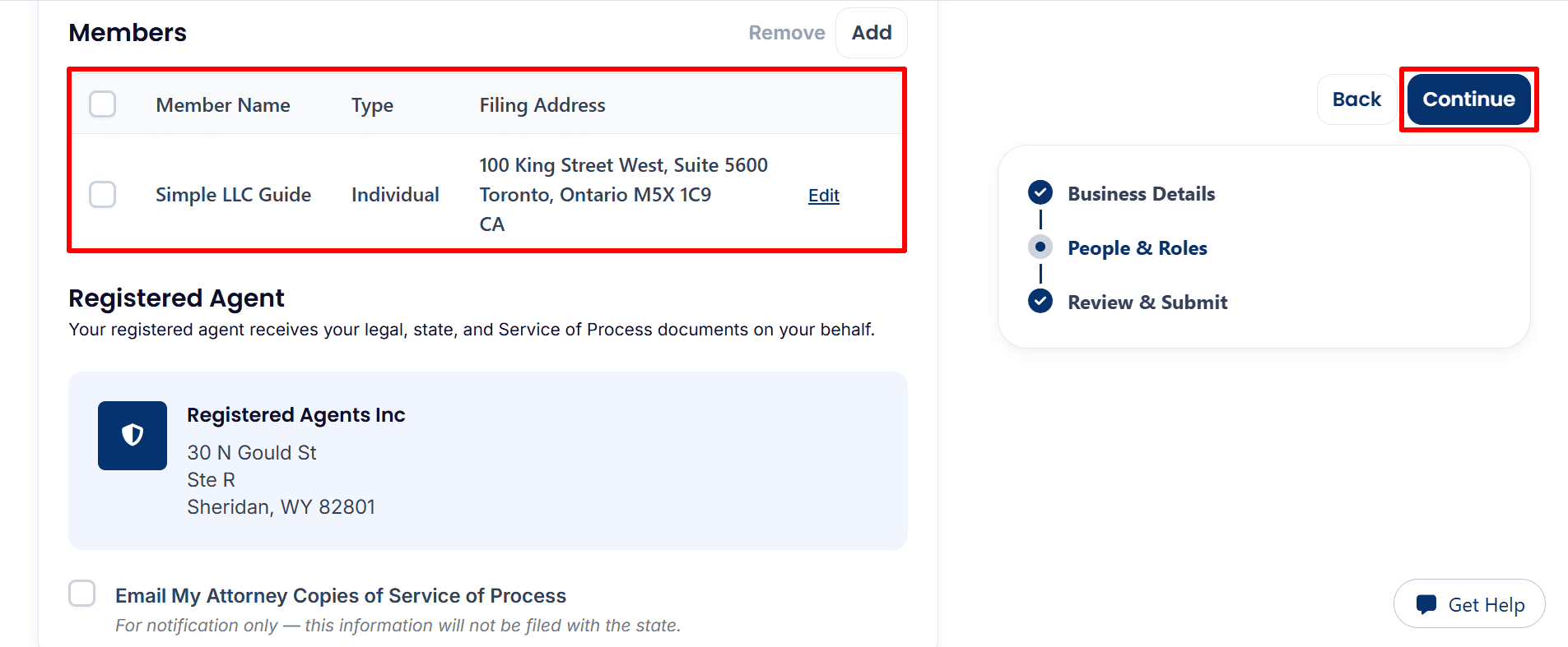  LLC member list with editing controls, Registered Agents Inc details, an attorney notification option and a Continue button.