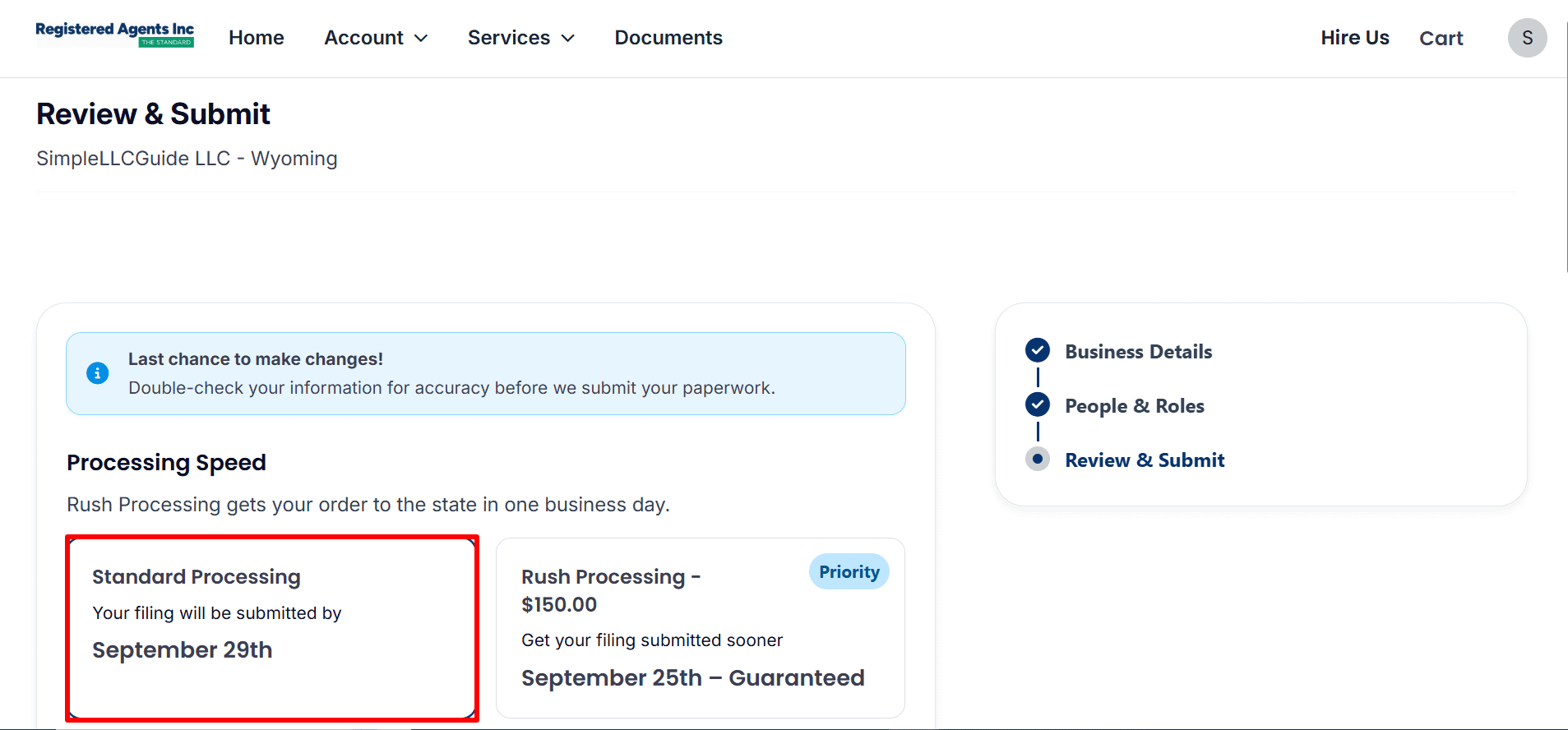 Review & Submit page showing standard processing and an optional rush processing choice for a Wyoming LLC.