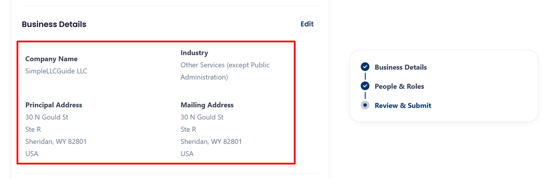 Business Details review showing company name, industry, principal address and mailing address.