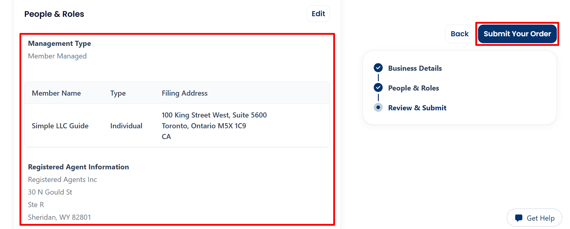  People and Roles summary showing member managed structure, member information and Submit Your Order button.