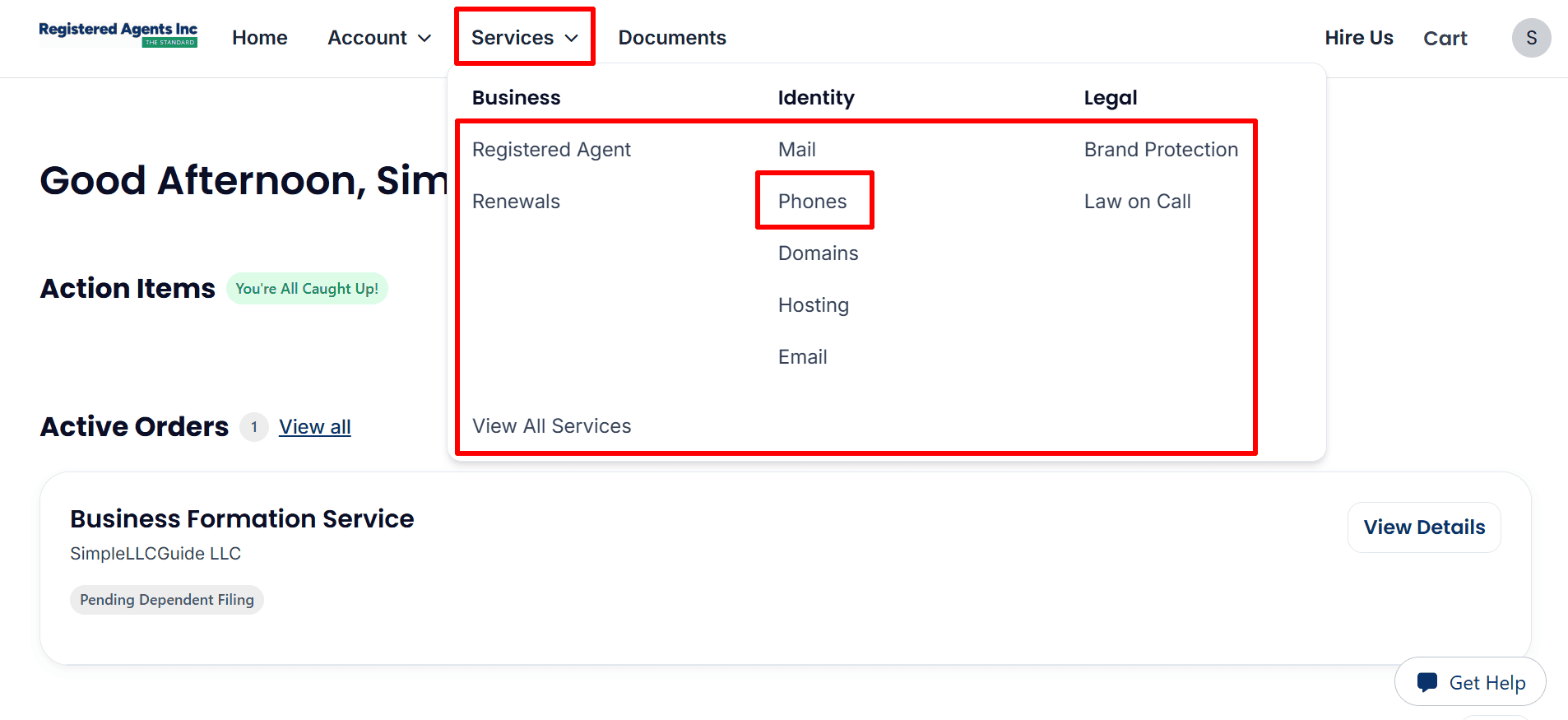  Services menu with 'Phones' selected within the business and identity services options.